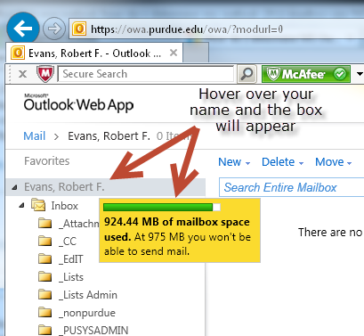 check outlook storage limit